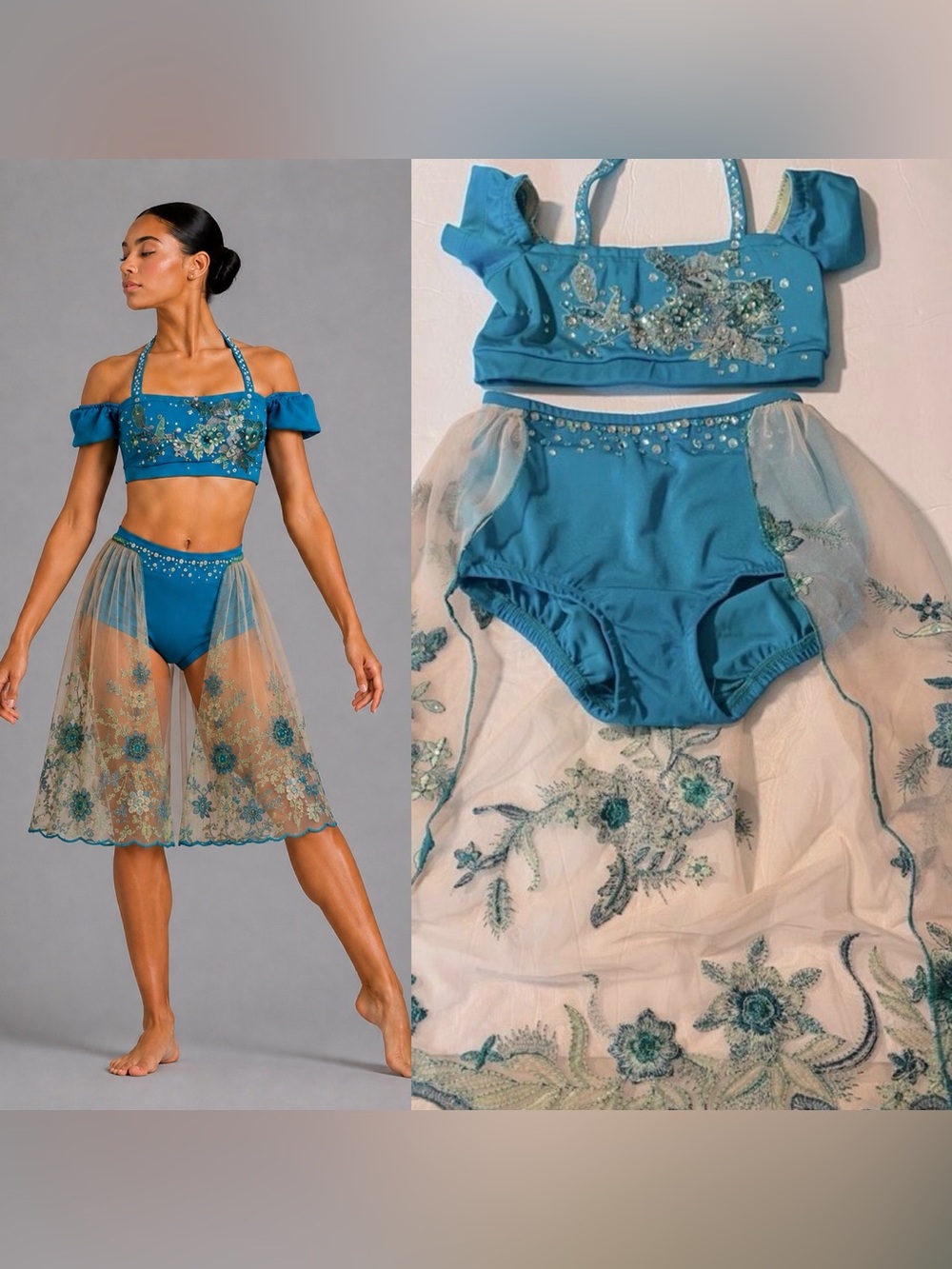 Solo custom dance costume 2 piece teal lyrical  rhinestoned embroidered MC child